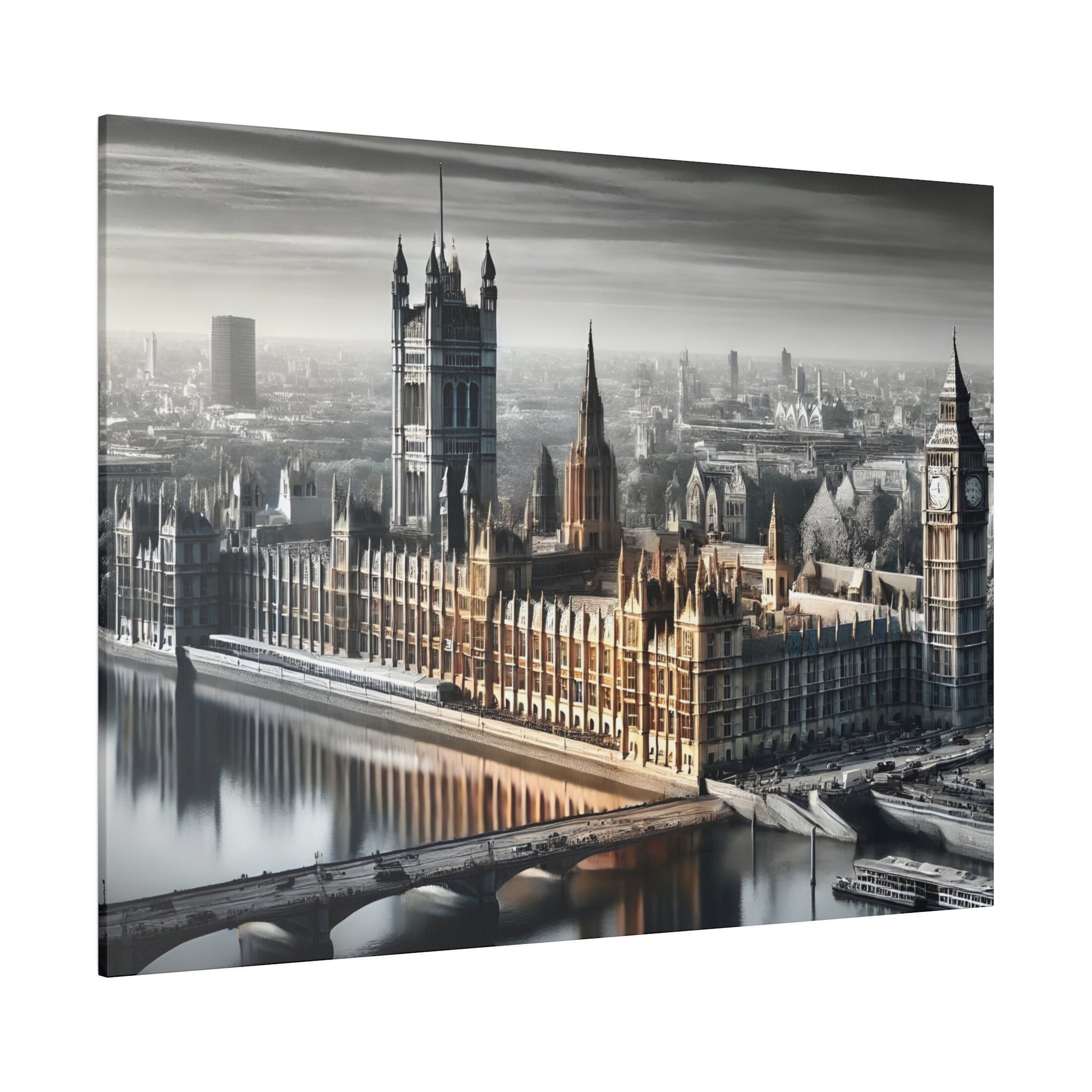 Panoramic view of London featuring Westminster Bridge, the Houses of Parliament, and Big Ben in a muted color palette.