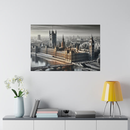 Framed black-and-white cityscape print of Westminster and Big Ben hanging on a white wall above a gray sideboard.