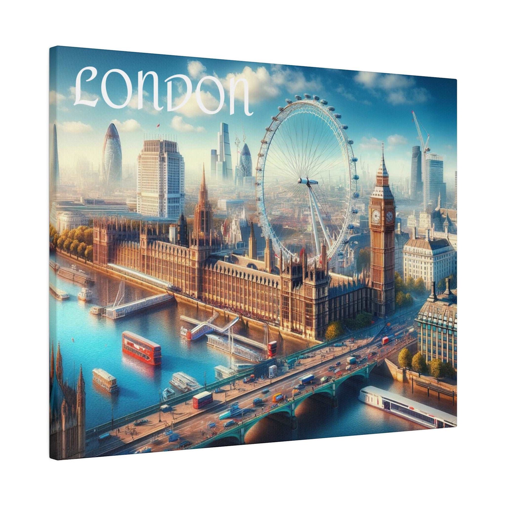 Canvas wall art showing London skyline with the Thames, Big Ben, London Eye, and Westminster Bridge.