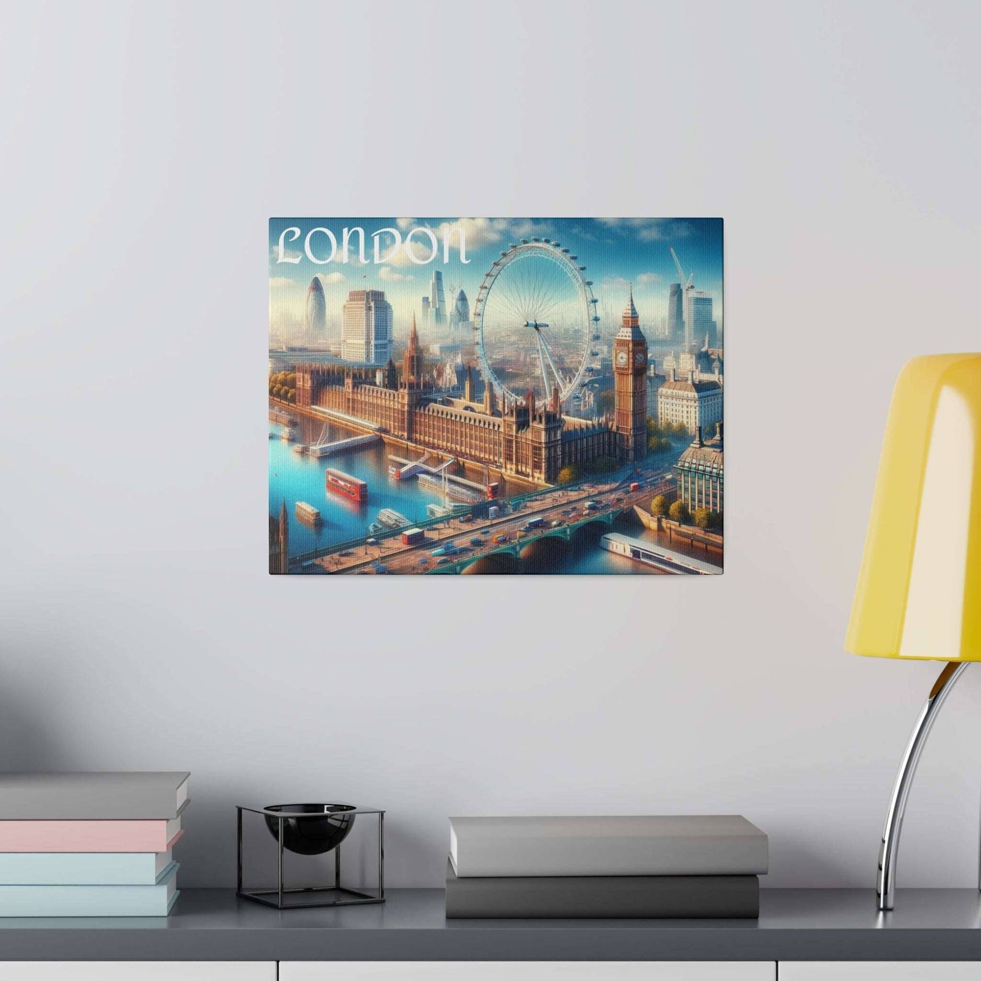 Canvas art print depicting London skyline with the London Eye, Big Ben, Tower Bridge, and riverfront buildings.