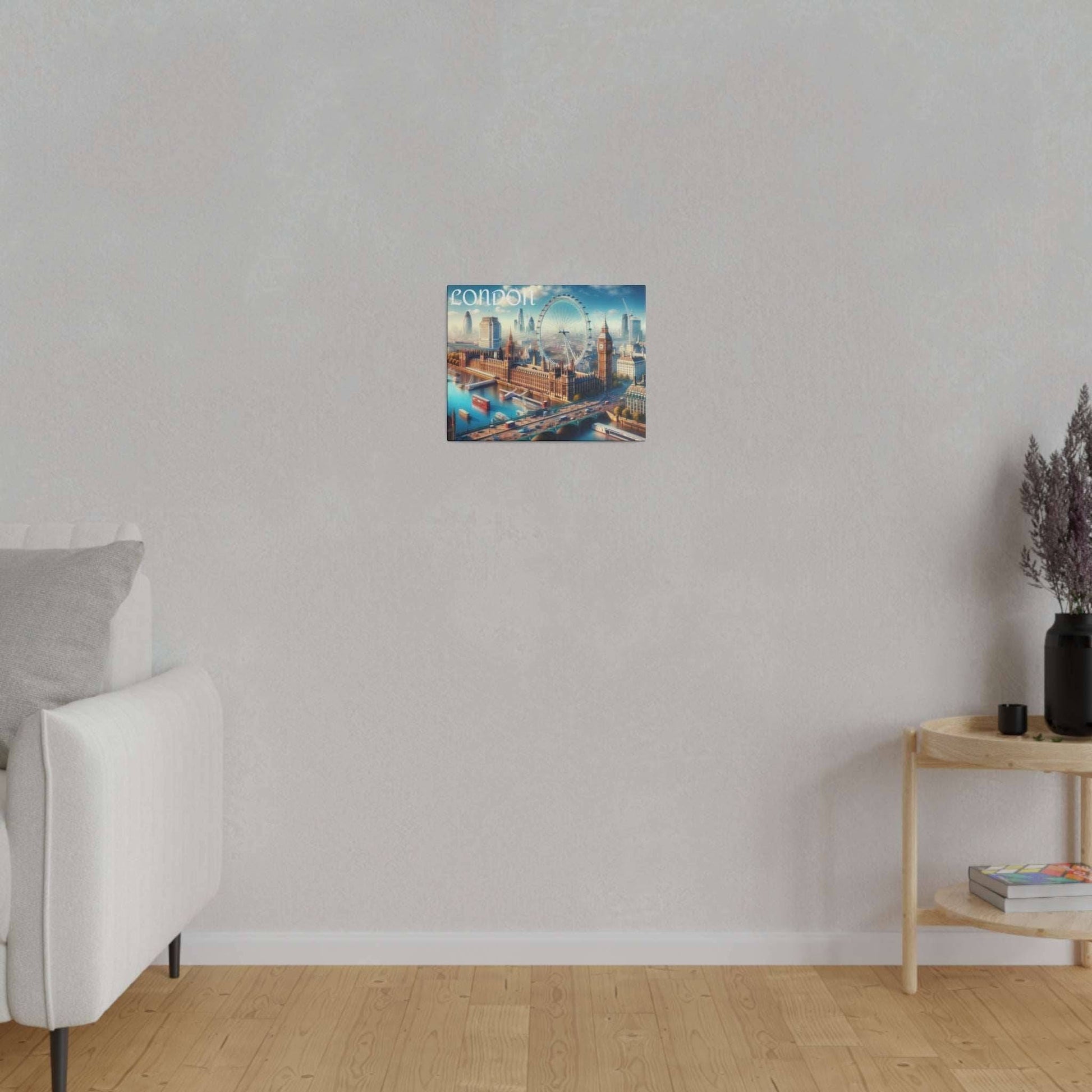 Small London skyline canvas art hanging on a light gray wall above a wooden floor.