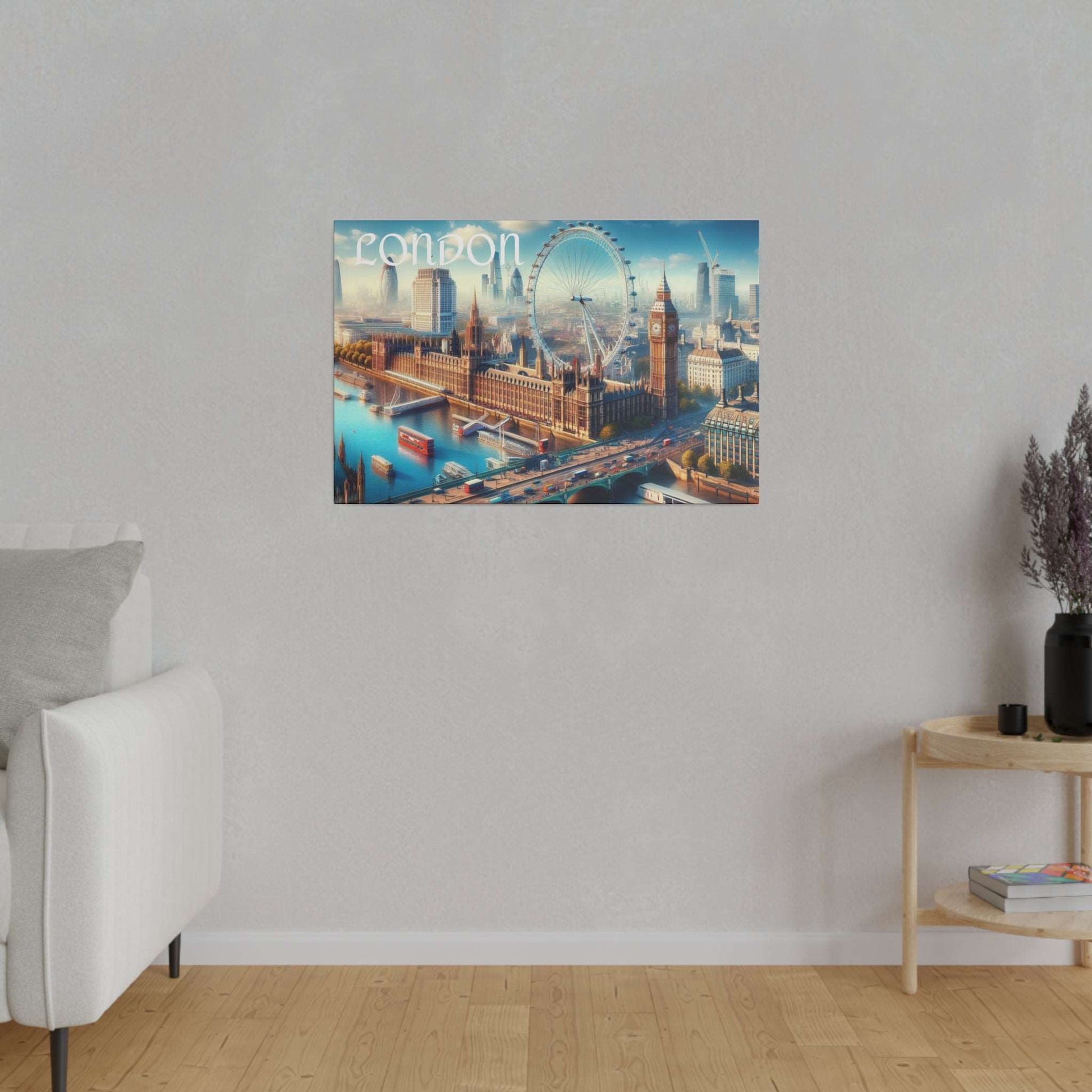 Canvas wall art depicting London skyline with the London Eye, Big Ben, and Tower Bridge over a blue river.