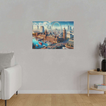 Canvas wall art depicting London skyline with the London Eye, Big Ben, and Tower Bridge over a blue river.