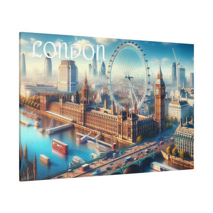 London skyline canvas art showing Big Ben, the London Eye, and the Thames with bridges and city skyscrapers.