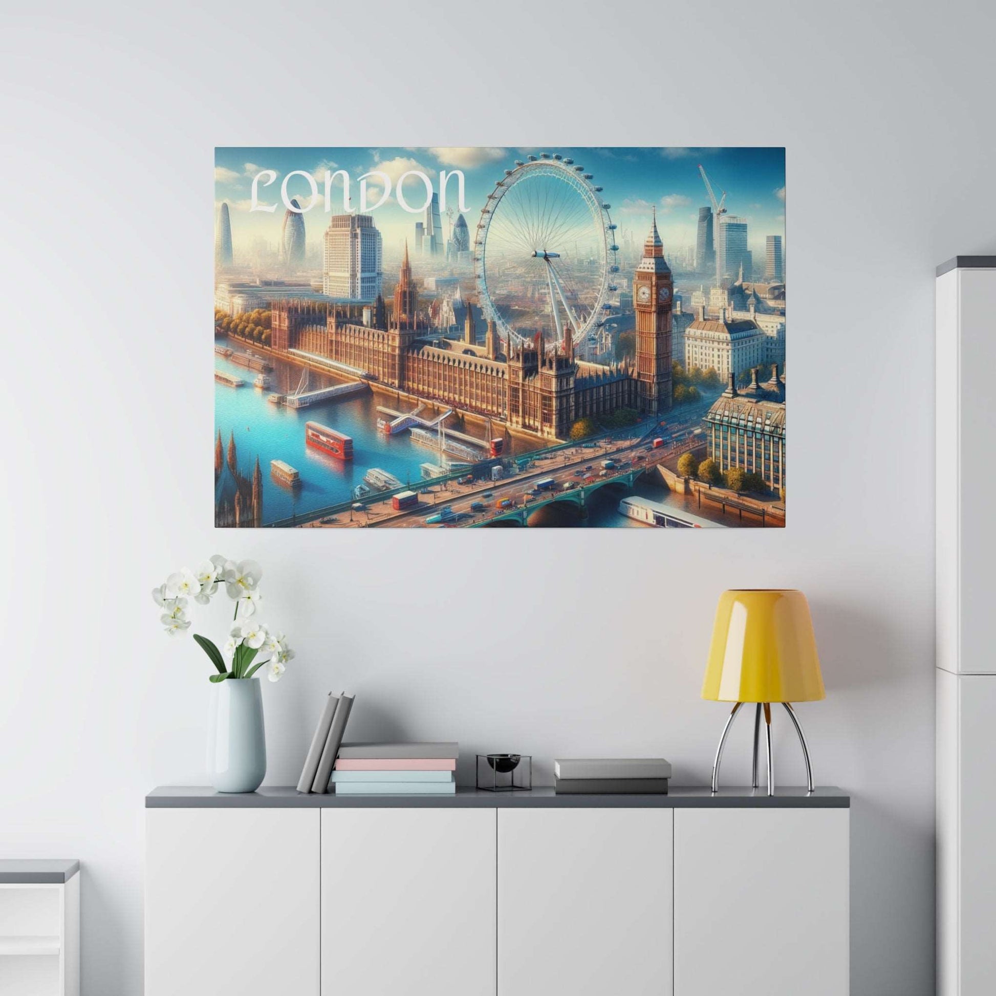Canvas print showing the London skyline with the London Eye, Big Ben, and the River Thames.