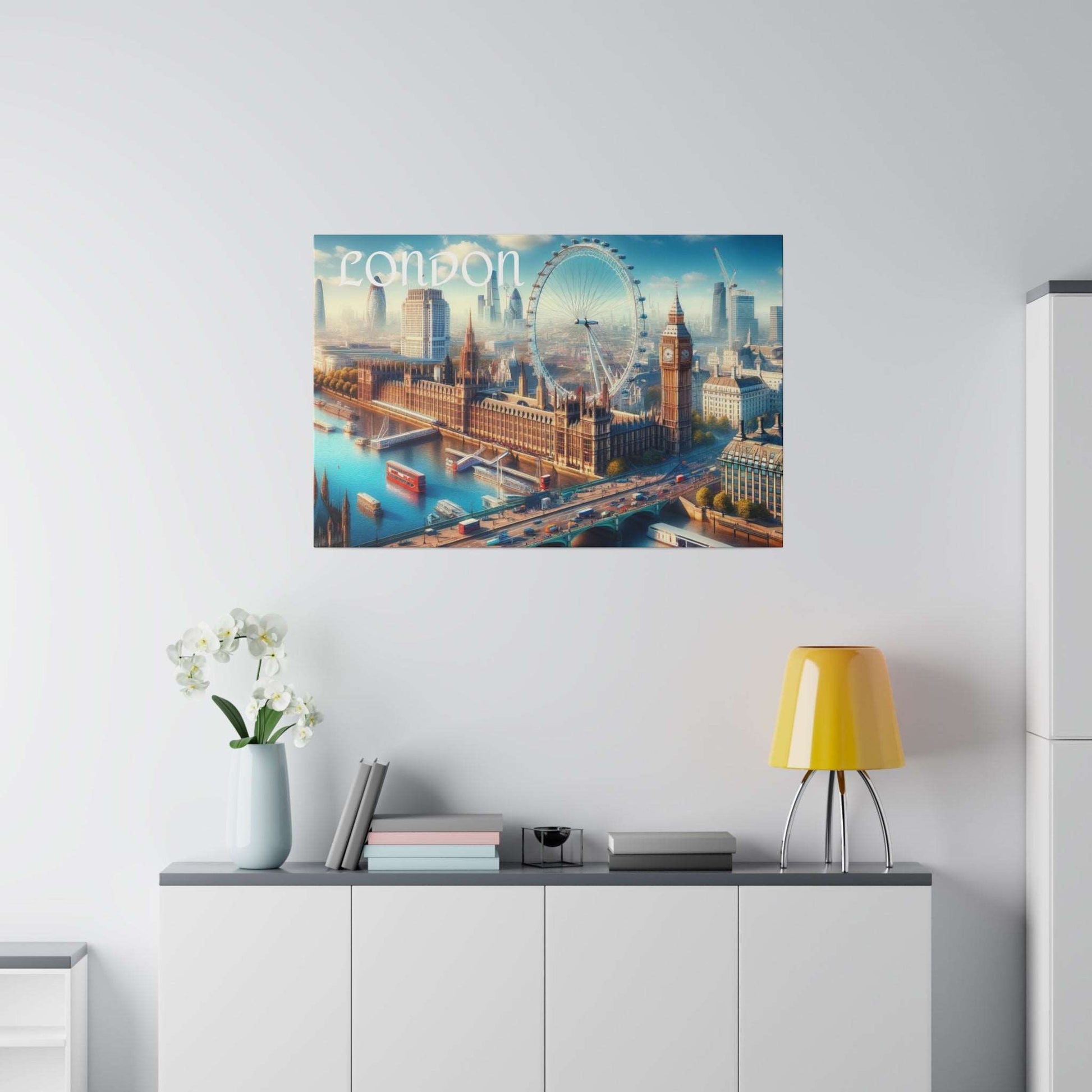 Canvas wall art depicting a London cityscape with the London Eye and Big Ben over the Thames.