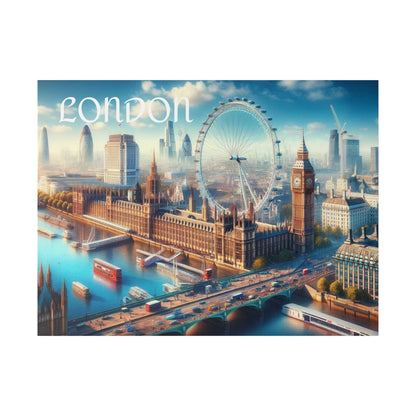 Canvas art showing London's skyline with the London Eye, Big Ben, and the Thames, in warm daylight colors.