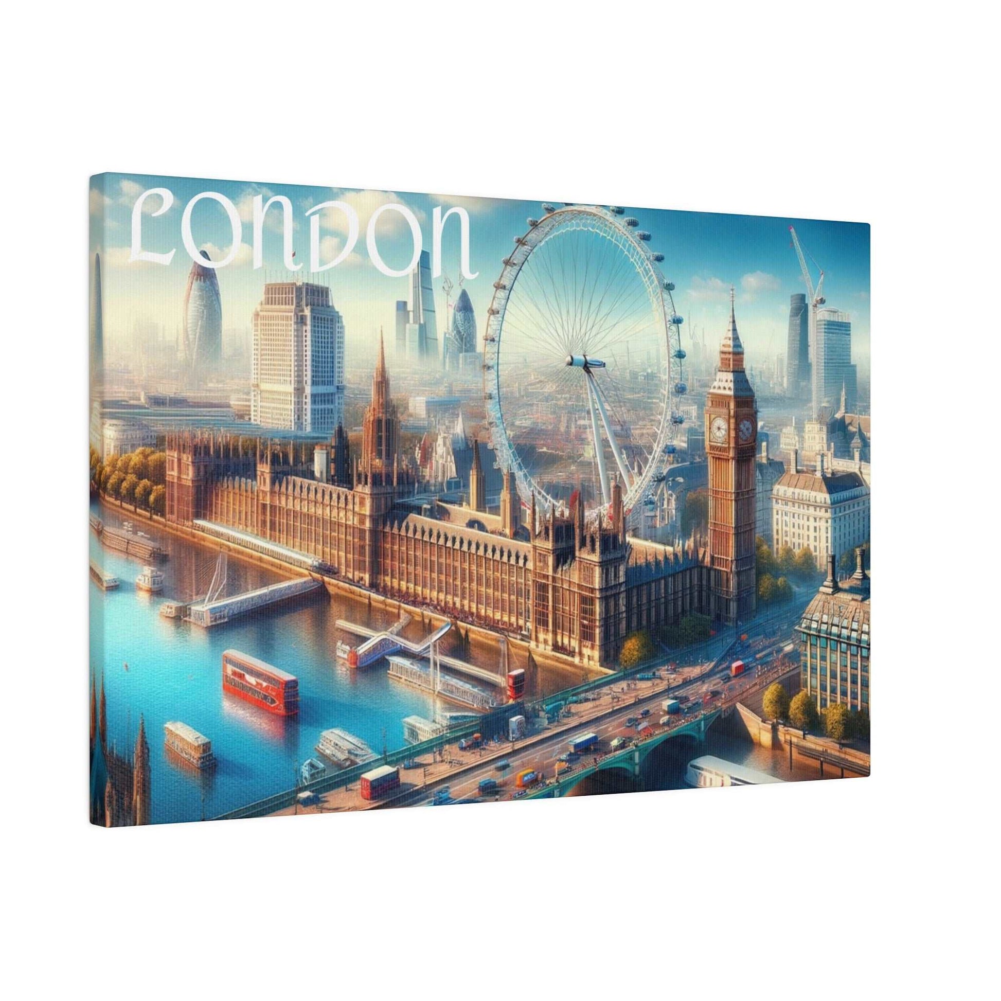 Canvas print of London's skyline featuring the Houses of Parliament, Big Ben, the London Eye, and the Thames.