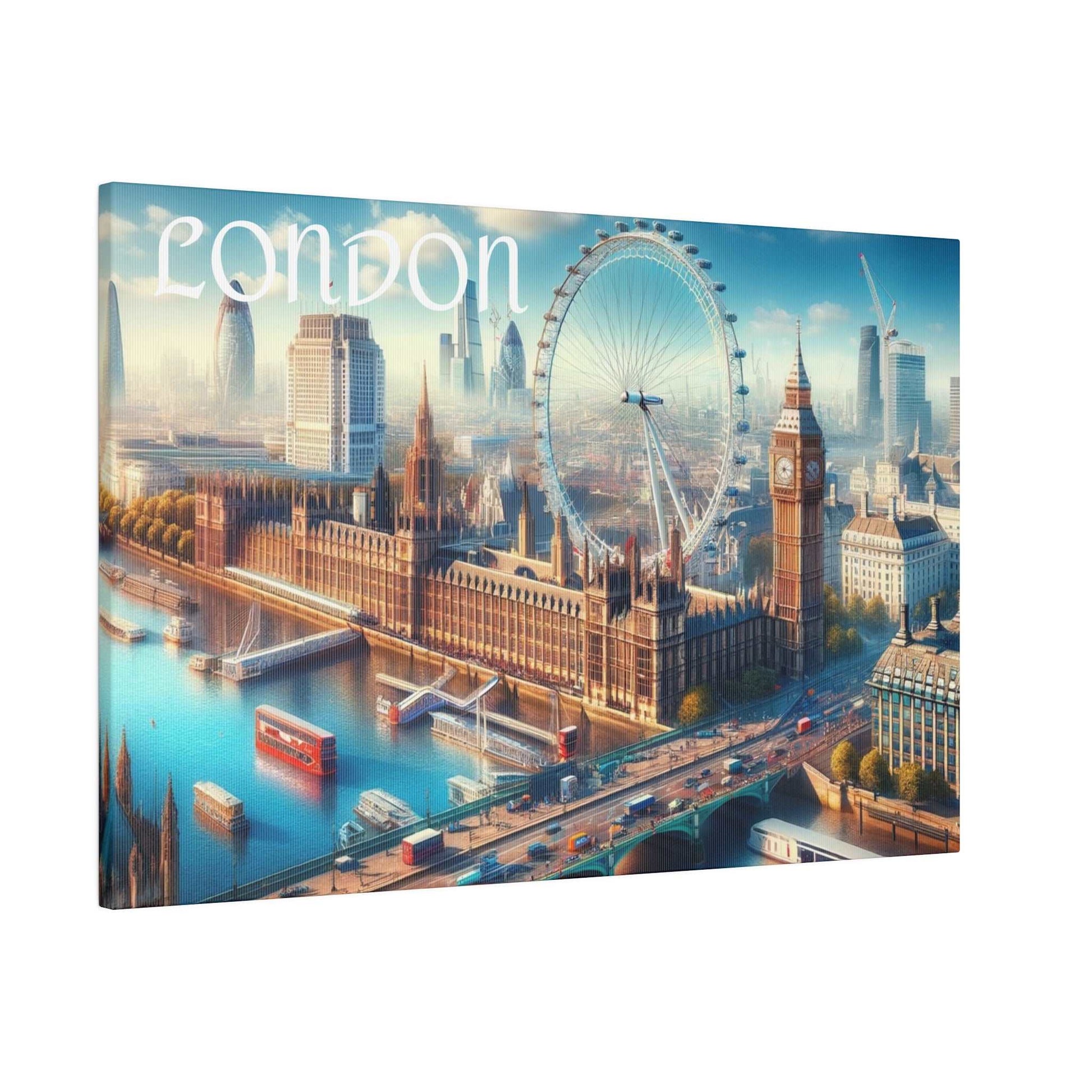 Canvas wall art depicting a London skyline with the London Eye, Big Ben, and riverfront buildings in warm daylight.