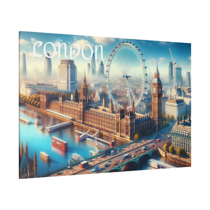 Canvas wall art showing a London cityscape with the River Thames, Big Ben, London Eye, and surrounding buildings.