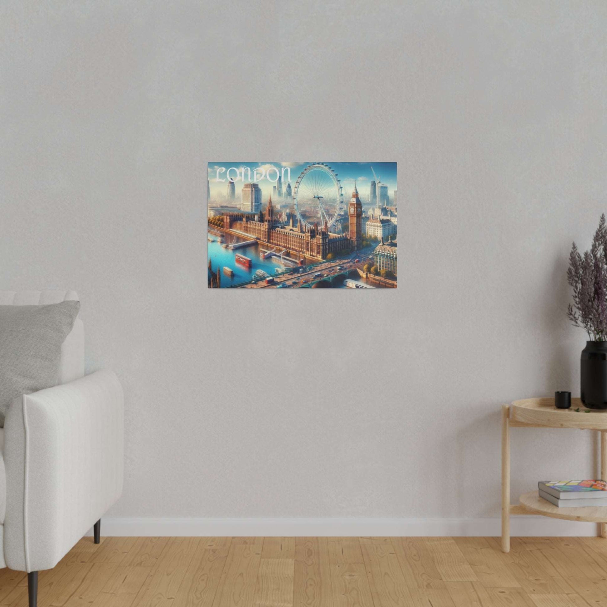 Canvas wall art illustrating London's skyline with Big Ben, the London Eye, and Tower Bridge.