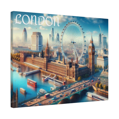 Canvas image of London's skyline with the London Eye, Big Ben, Westminster Bridge, and the River Thames.