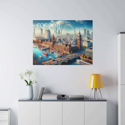 Mounted canvas print of London's skyline featuring the London Eye and Big Ben over the Thames.