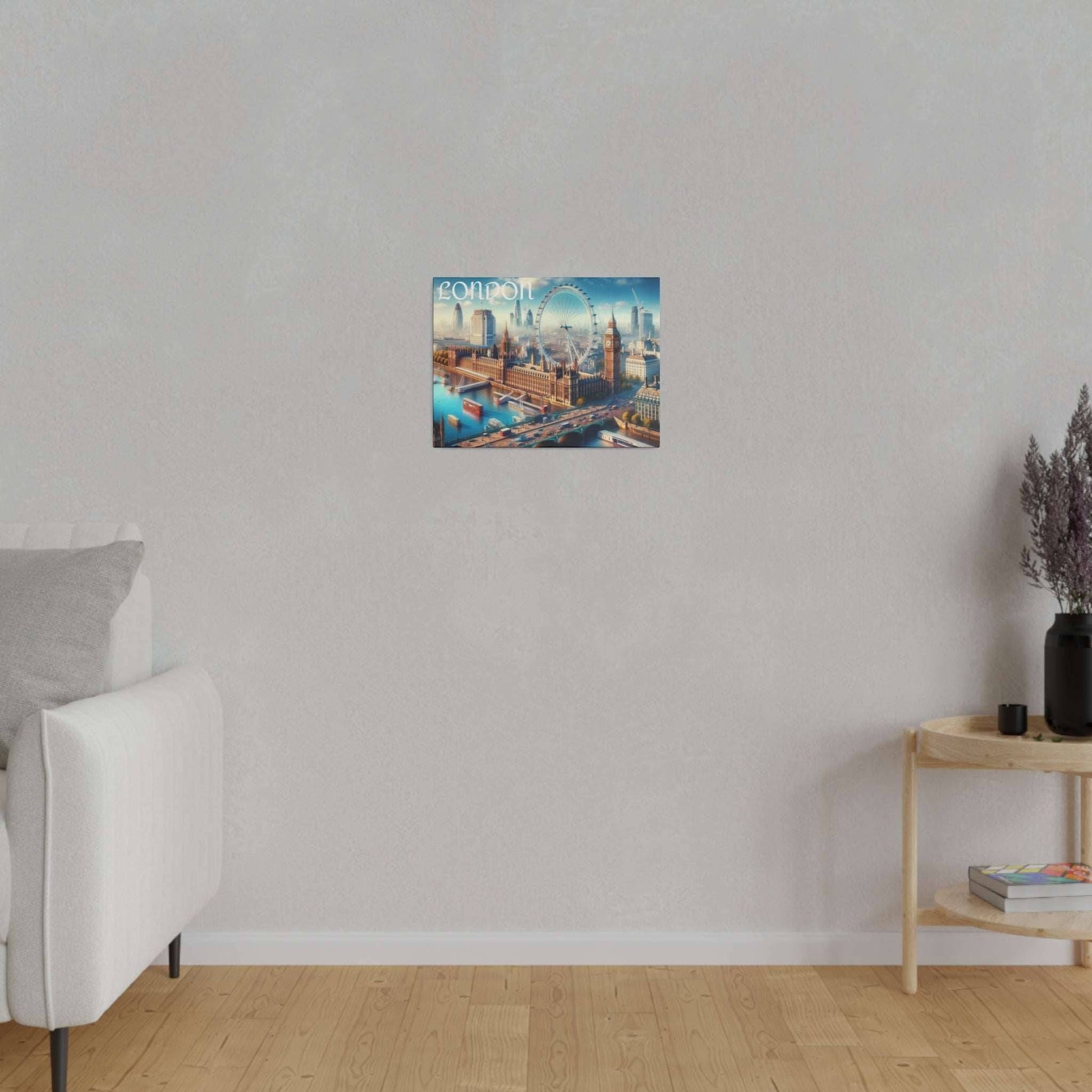 Small square canvas print of a London skyline with the London Eye, mounted on a light gray wall.