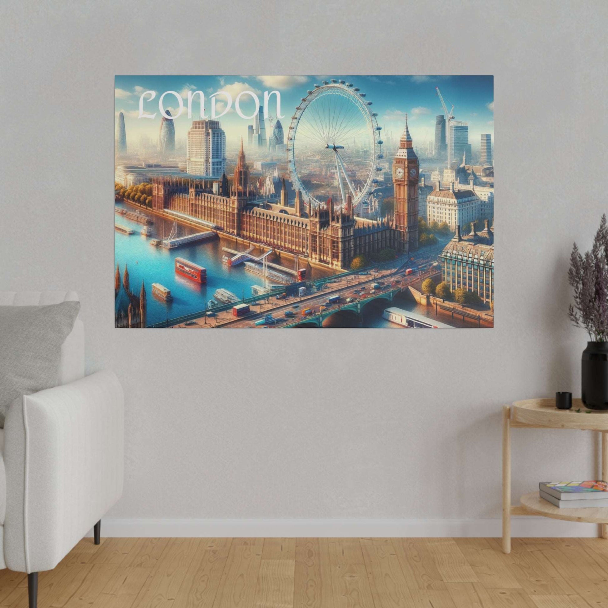 Canvas wall art depicting London's skyline with the London Eye, Big Ben, and the Thames River.