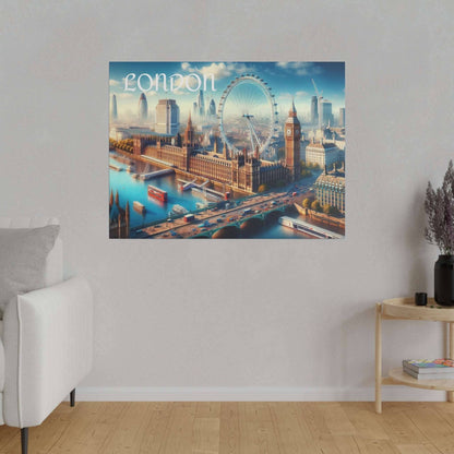 Canvas wall art showing London skyline with the London Eye, Big Ben, and towers over the river.