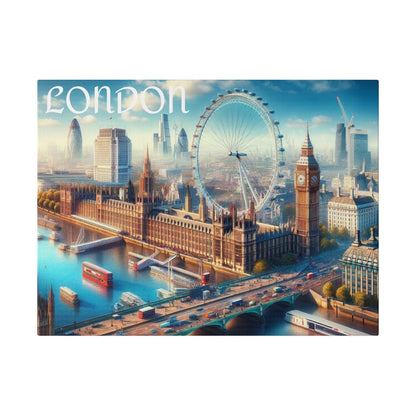 Canvas art of London's skyline showing Big Ben, the London Eye, and the River Thames with boats.
