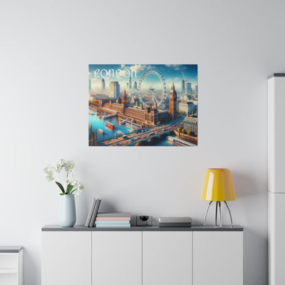 Square wall art depicting a vibrant London skyline with the London Eye and Big Ben above a white cabinet in a minimalist room.
