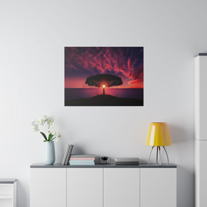 Framed photo showing a lone tree on a hill above the water at sunset, with a fiery red and purple sky.