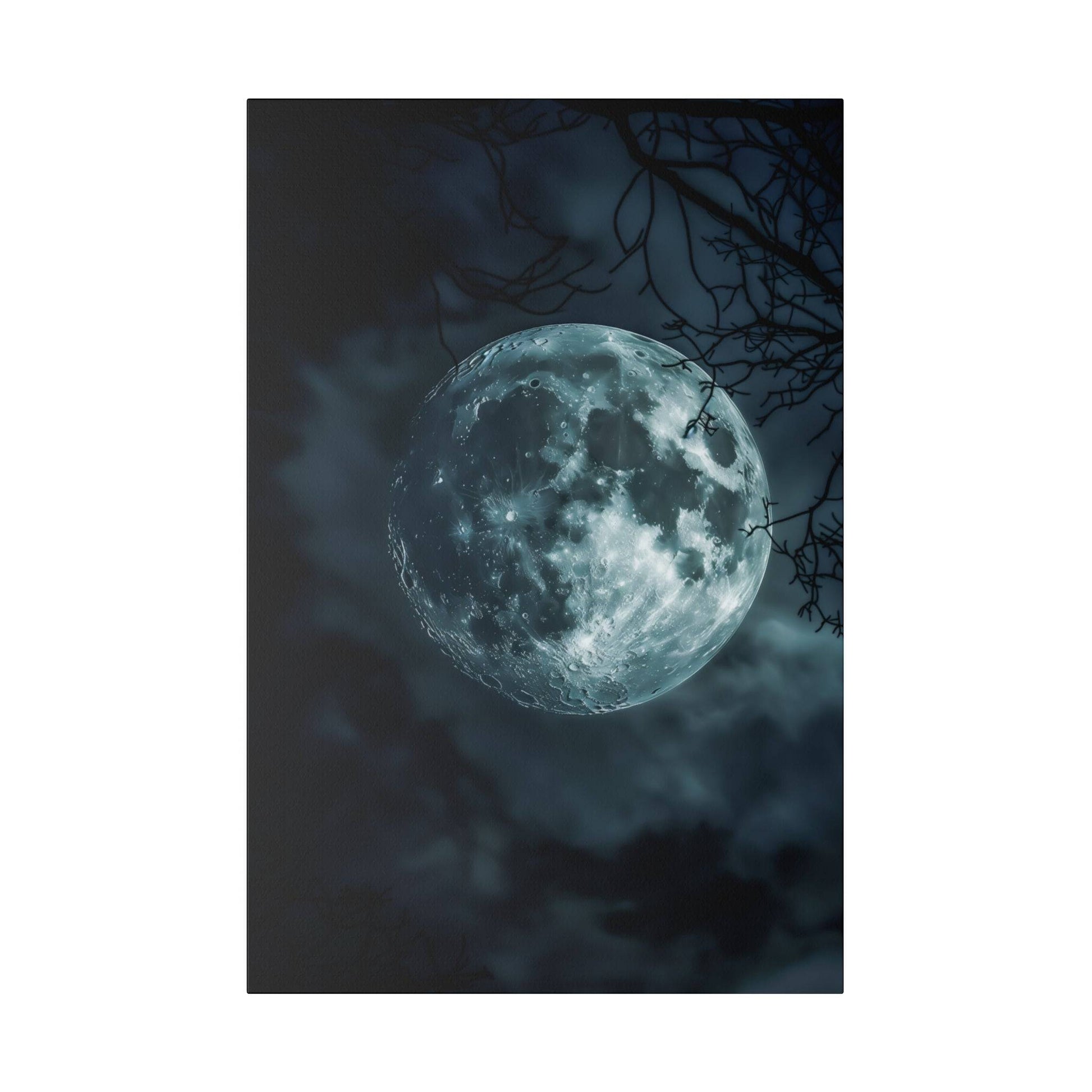 Full blue-toned moon glowing in a dark night sky, with bare tree branches in the foreground.