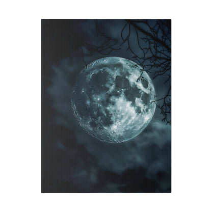 Blue-toned full moon with visible craters against a dark night sky, framed by bare tree branches.