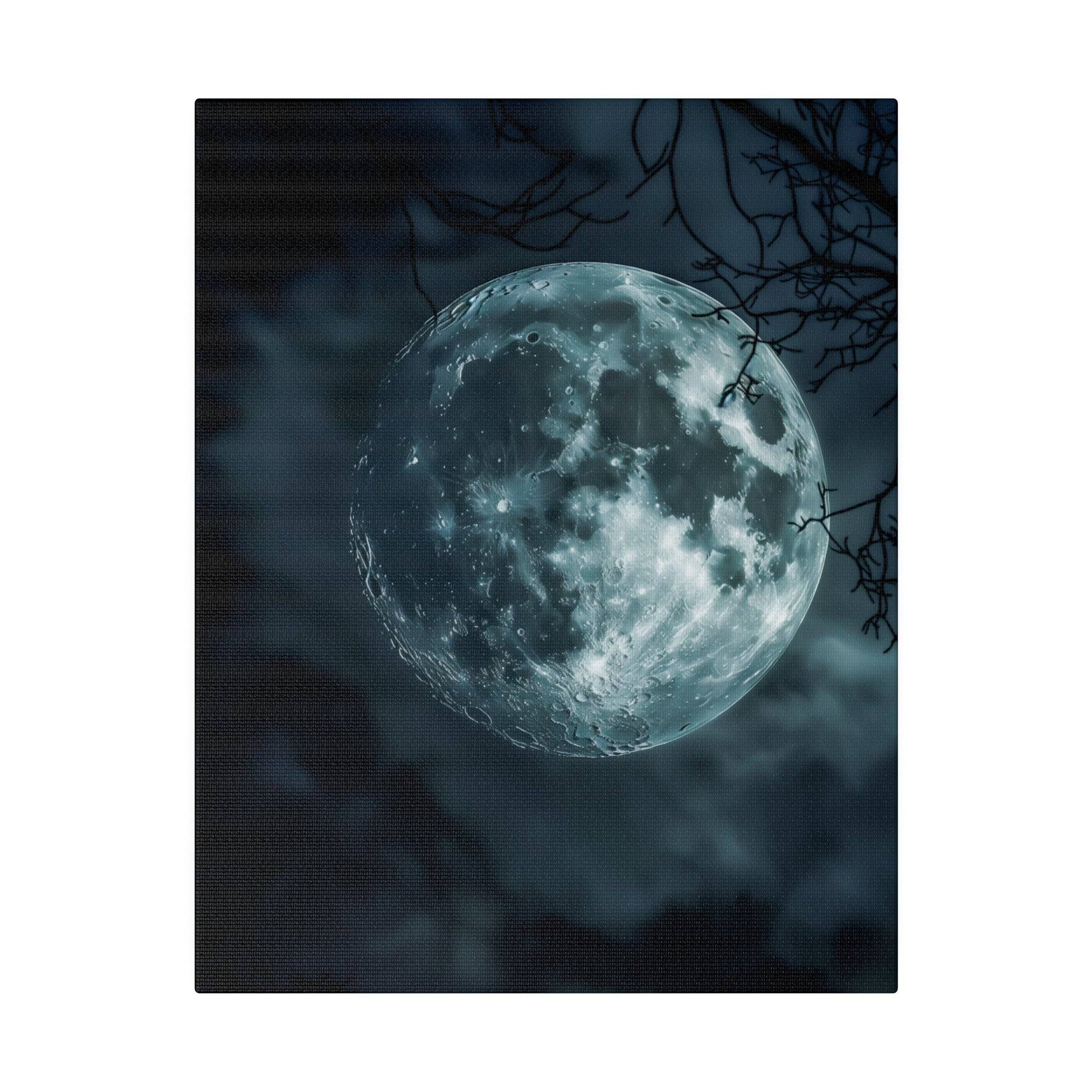 Blue-tinted full moon in a dark night sky with bare branches, printed on a canvas.