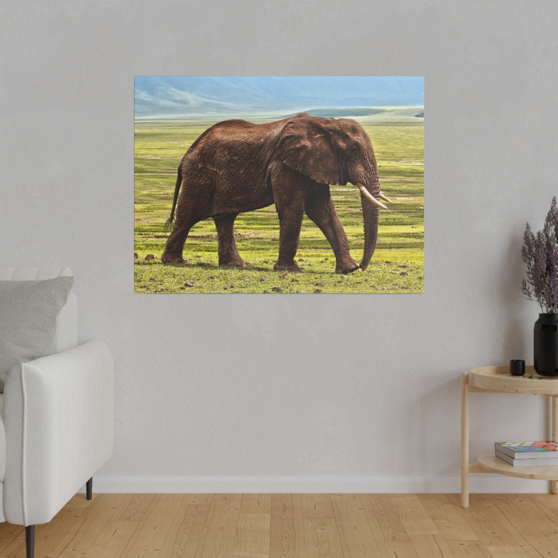 Brown elephant with tusks walking across green savanna under a blue sky.