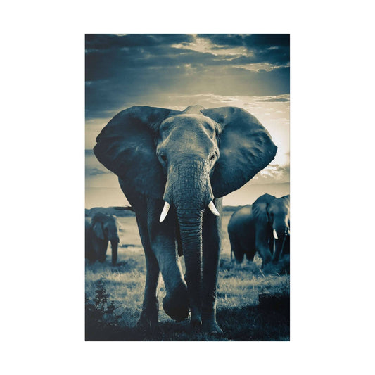 Blue-toned elephant canvas print showing a frontal view of a large elephant with tusks, in a grassy savannah with others in the background.