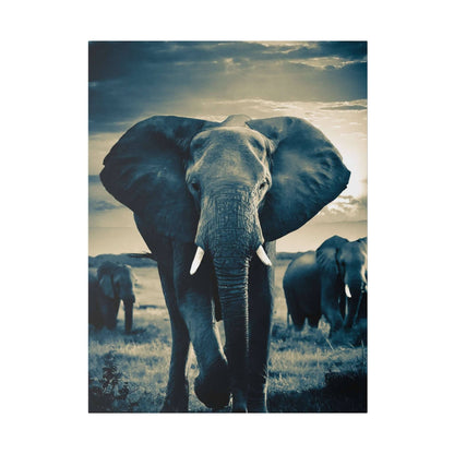 Blue-tinted canvas print featuring a close-up of a large elephant facing the camera in a grassland herd.