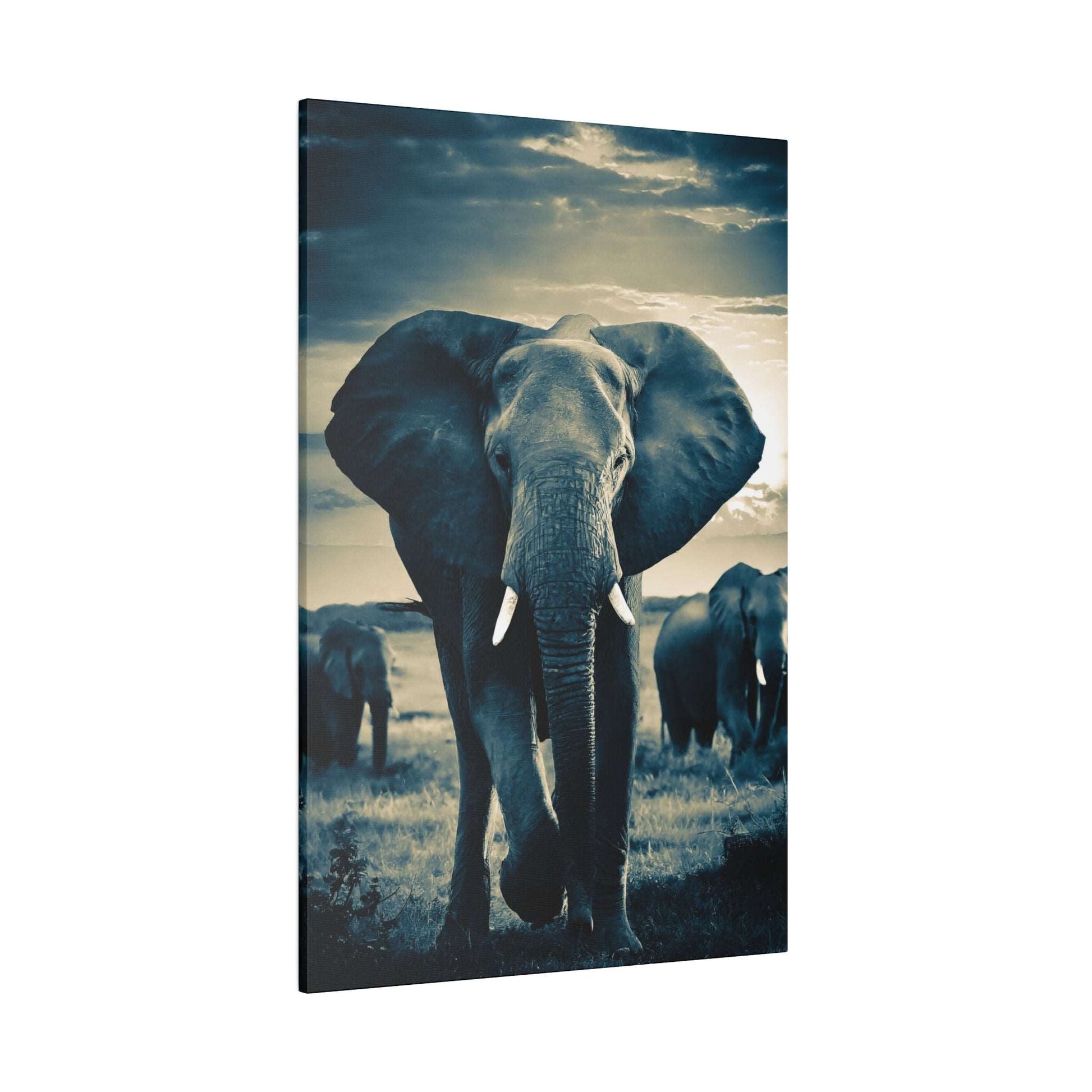Canvas print showing a blue-toned elephant facing the camera in a savannah, with other elephants in the background.
