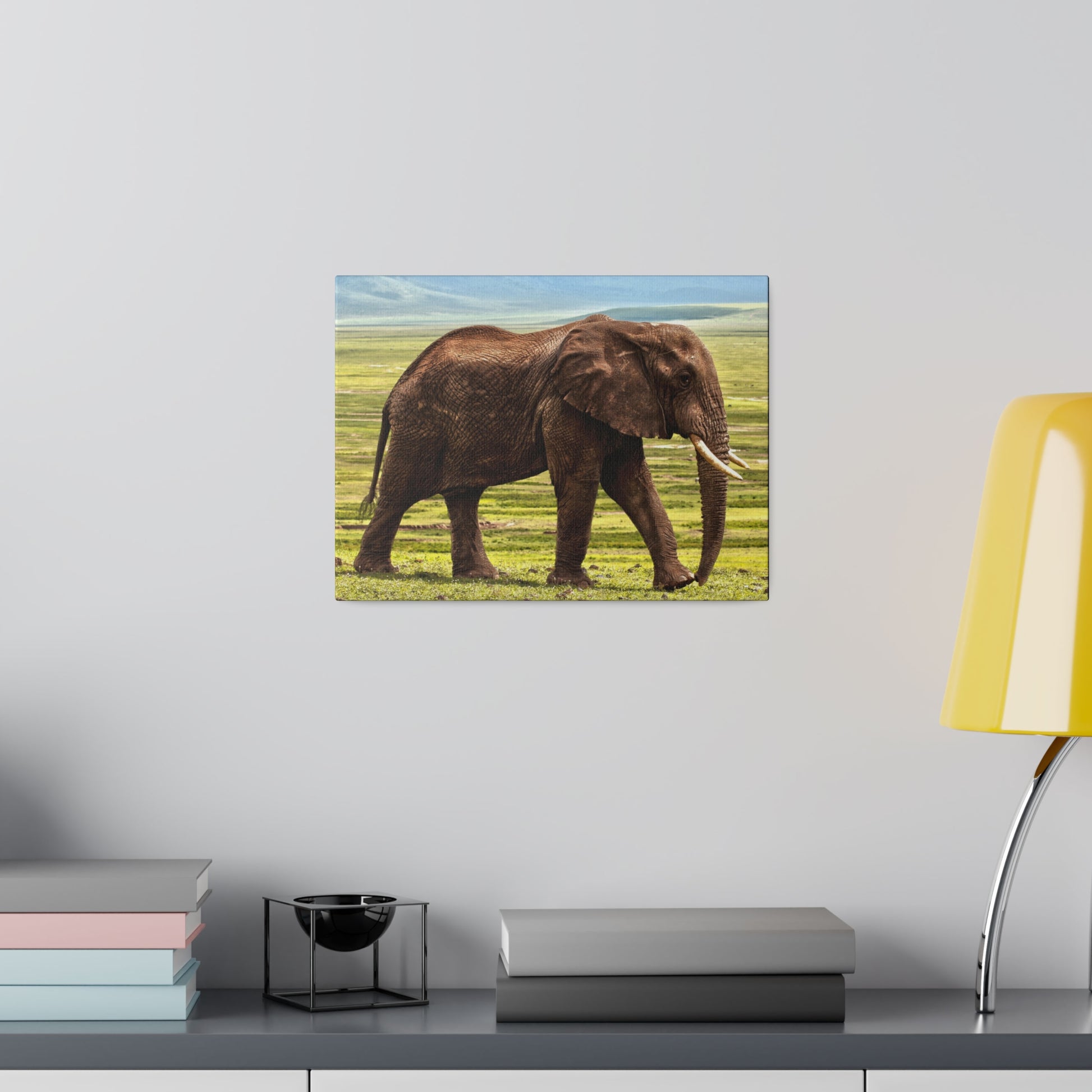 Brown African elephant walking on a grassy savannah with a blue sky, mounted as a canvas print on a gray wall.