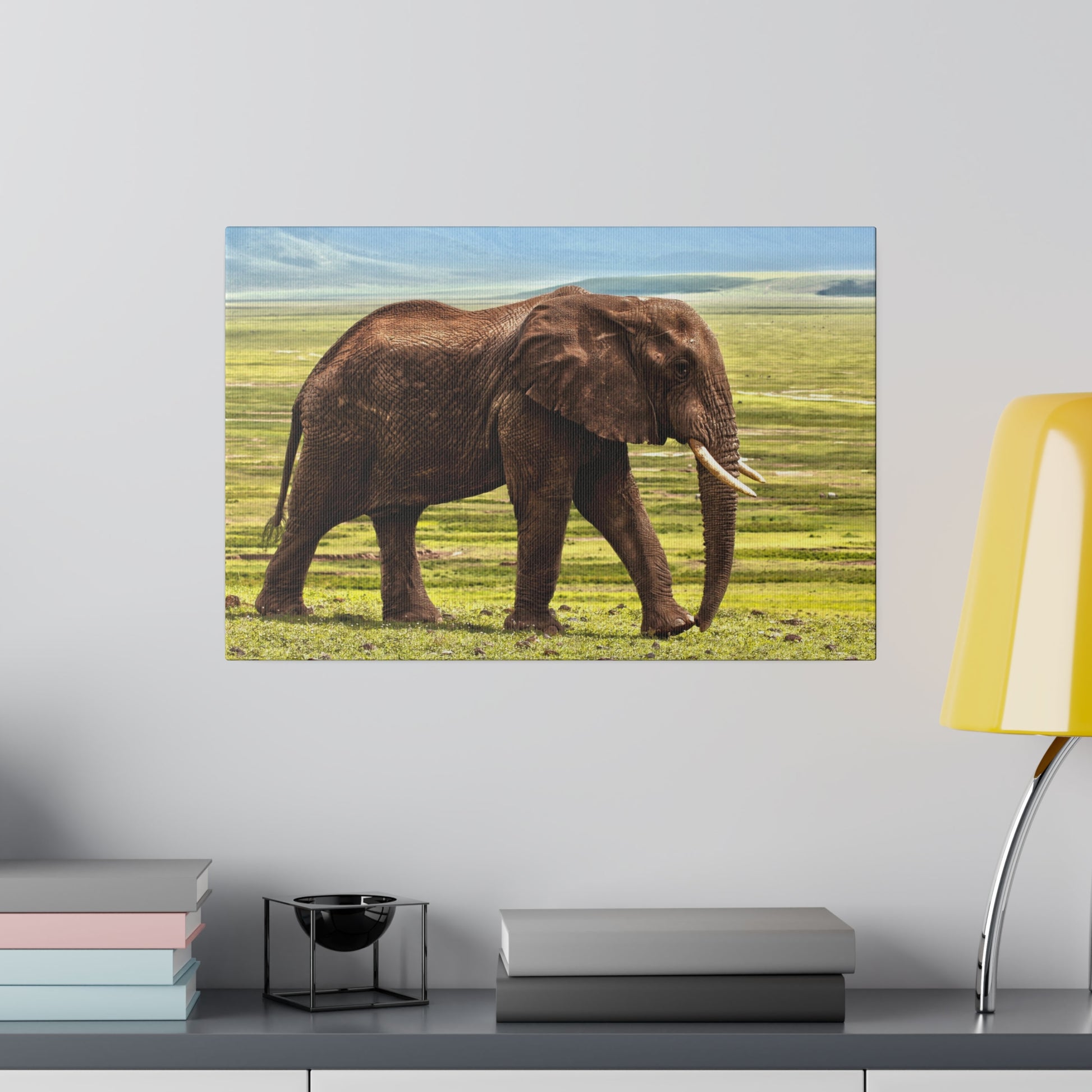 Adult African elephant with tusks walking on green savannah under a blue sky.