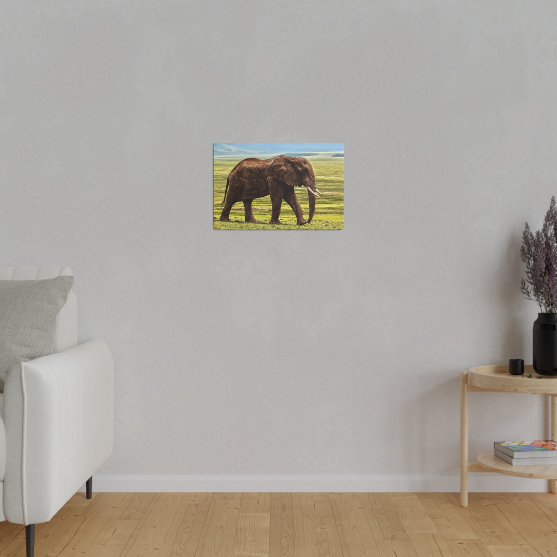 Small rectangular canvas showing a brown elephant walking across a grassy savannah under a blue sky.