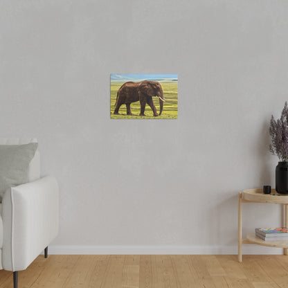 Small rectangular canvas showing a brown elephant walking across a grassy savannah under a blue sky.