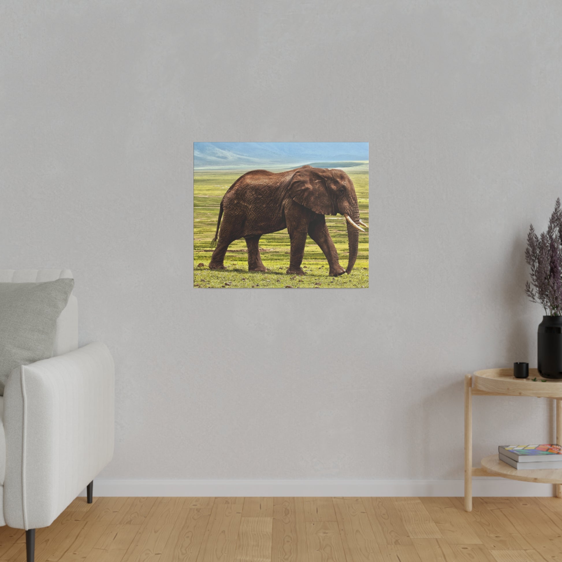 Square wall art showing a brown elephant with tusks walking across a grassy savanna, mounted on a light gray living room wall.