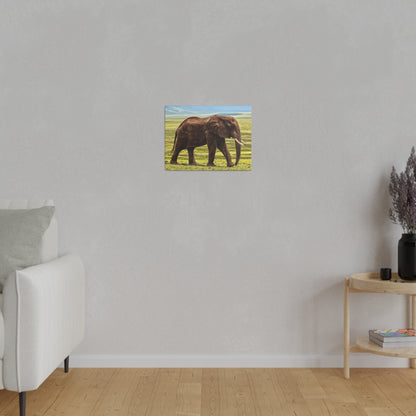Small rectangular painting of a brown elephant walking in a grassy field, mounted on a light gray wall.