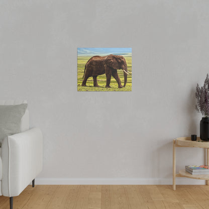 Small rectangular wall art depicting a brown elephant with tusks walking across a green savanna under a blue sky.
