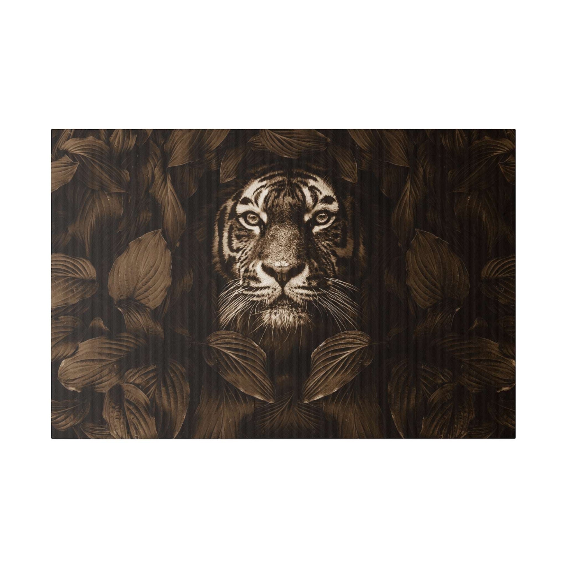 Sepia-toned canvas art of a tiger's head peering through dark leaves.