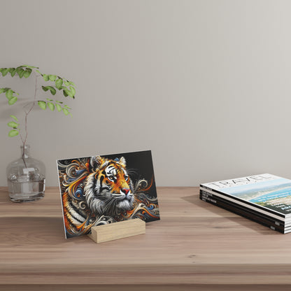 A colorful tiger illustration card sits on a small wooden block on a light wood tabletop, beside a glass vase and travel magazines.