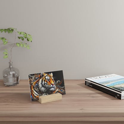 Colorful tiger illustration card on a small wooden block stand, placed on a light wood desk with a glass vase and travel magazines.