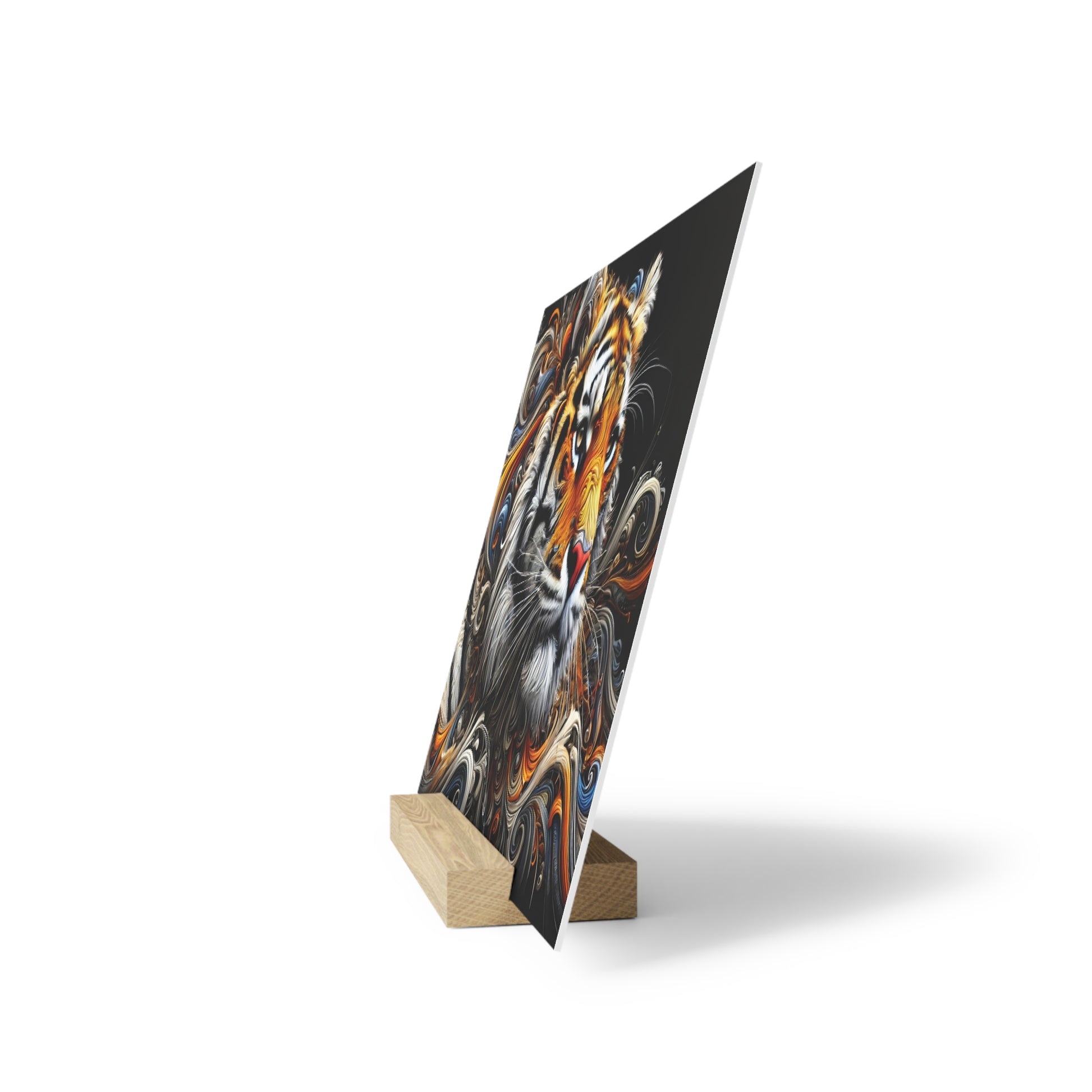 Vertical print on a black panel shows a swirling orange, black, and white tiger image, supported by two wooden blocks.
