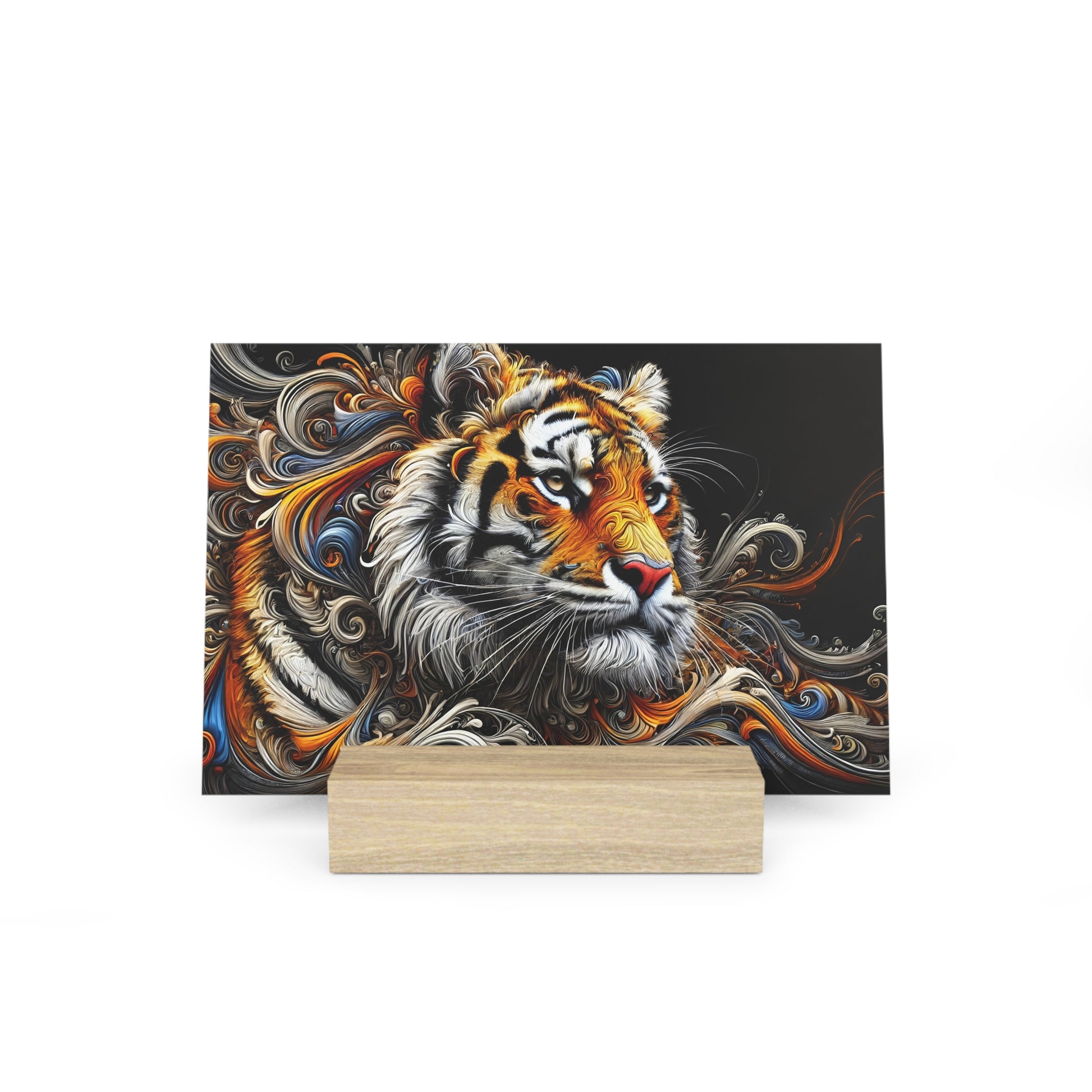 Colorful tiger portrait print with swirling orange, white, and blue patterns on a black background, mounted on a light wooden stand.