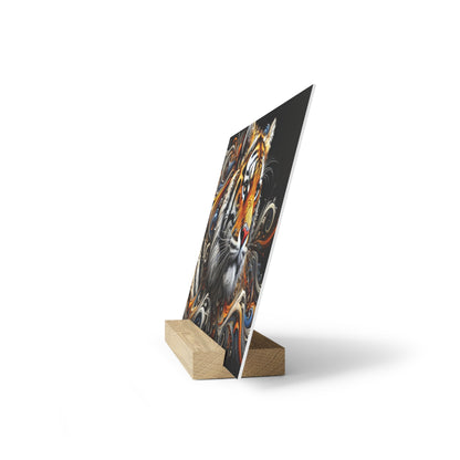 Tilted glossy print on a light wood display stand featuring an abstract swirling tiger artwork.