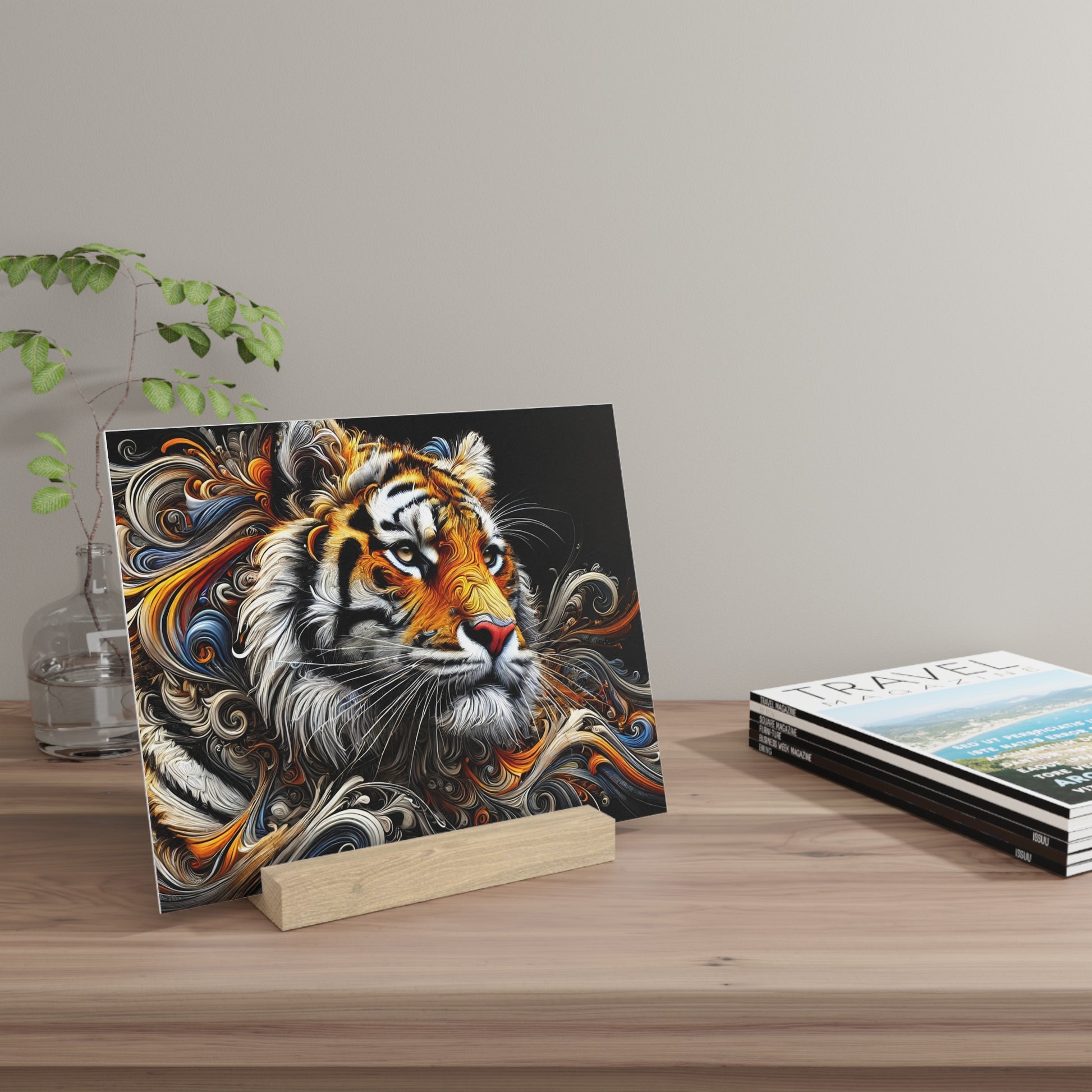 Colorful tiger portrait art print on black background, mounted on a wooden stand beside a glass vase and travel magazines on a wooden table.