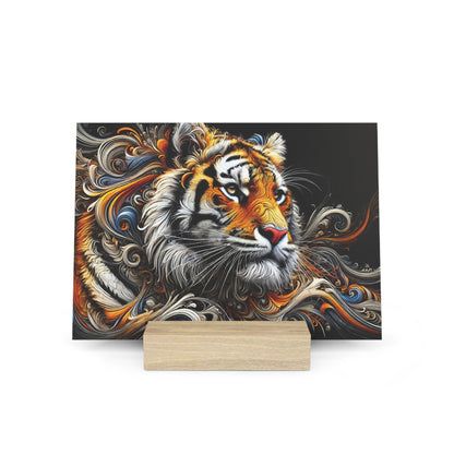 Colorful framed tiger artwork with swirling orange, white, and blue patterns on a dark background, displayed on a light wood stand.