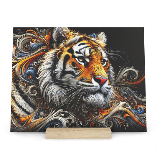 Colorful abstract painting of a tiger's head with swirling orange, blue, and white patterns on a dark background, mounted on a wooden