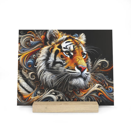 Brightly colored tiger painting with swirling orange, blue, and white patterns on a black background, on a light wood stand.