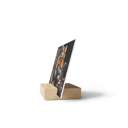 Vertical poster with a colorful abstract design leans against a rectangular light wood block stand on a white background.