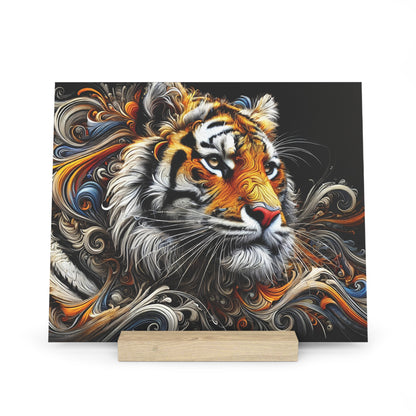 Colorful stylized tiger portrait on a black background, with swirling orange, white, and blue accents.