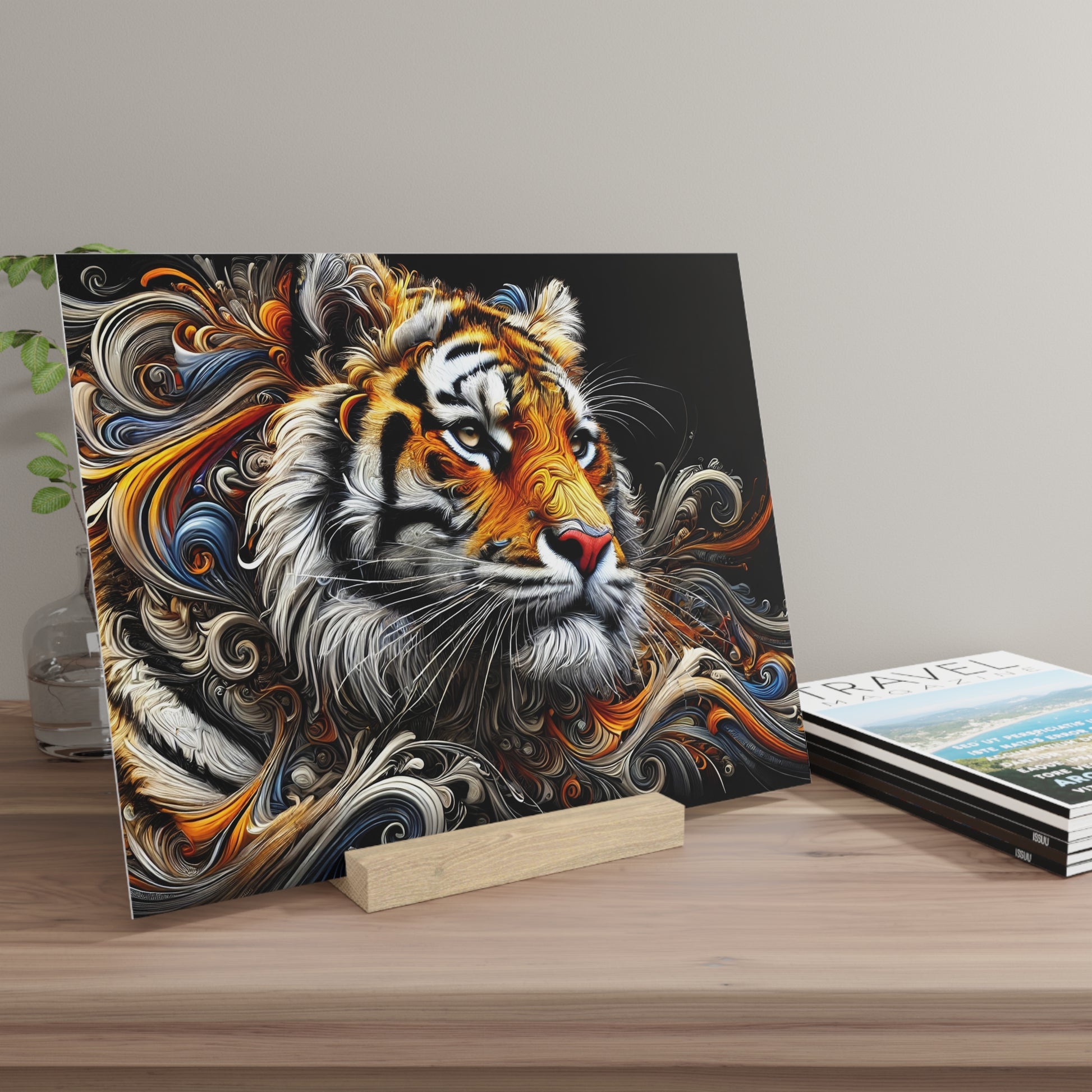 Colorful tiger portrait with swirled orange, black and white fur on a wooden stand on a desk.
